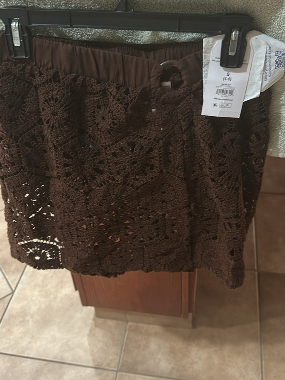 Crochet Overlay Mini Skirt in Dark Brown bathing suit cover